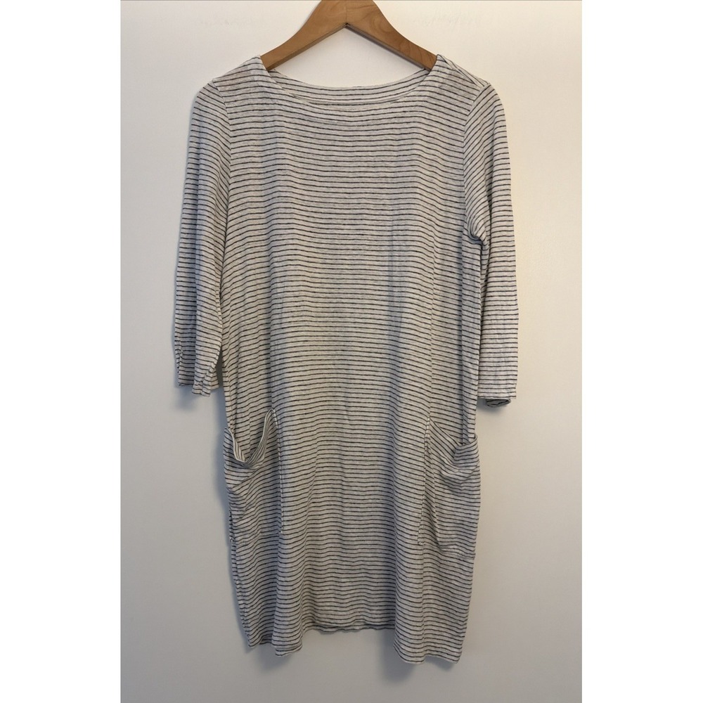 Eileen Fisher 100% Organic Linen Jersey Stripe Tunic Shift Dress PS Pockets Knit